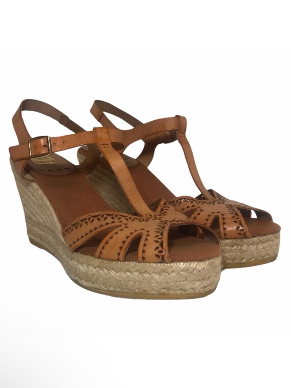 KANNA Tan Leather Espadrille Wedge Sandals